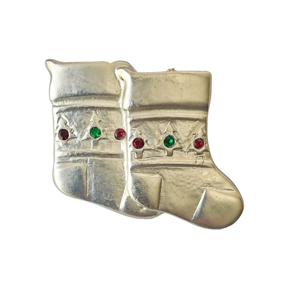 1990s Silver Tone Red & Green Rhinestones Christmas Holiday Stocking Pin Brooch